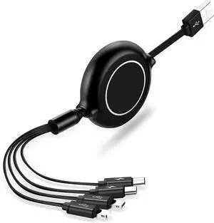 Multi Charging Cable 4 in 1 3A 2.9FT Universal One-Way Retractable USB Charger Cord Adapter with 2*IP Type C Micro USB Connectors for iOS Phones Android Galaxy Google Pixel LG PS5