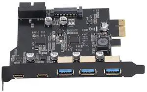 PCIe Expansion Card 5 Port PCIe to USB 3.2 Card 2 USB C Easy to Install 20Gbps 3 USB