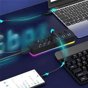 USB 3.0 Hub 7 Ports USB Port Adapter 5Gbps Standalone Switch Splitter Gaming USB Hub for Laptop