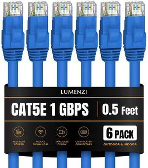Lumenzi Cat 5e Ethernet Cable 0.5 FT in Blue 6 Pack UTP 1 Gbps Speed Network  Short Round Direct Burial Bare Copper LAN Patch Cable for Router  Gaming  PS5 XBOX Printer Computer CCTV Camera Switch