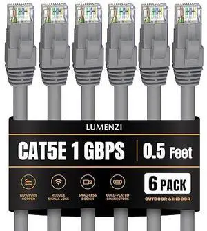 Lumenzi Cat 5e Ethernet Cable 0.5 FT in Grey 6 Pack UTP 1 Gbps Speed Network Short Round Direct Burial Bare Copper LAN Patch Cable for Router Gaming PS5 XBOX Printer Computer CCTV Camera