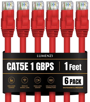 Lumenzi Cat 5e Ethernet Cable 1 FT in Red 6 Pack 1 Gbps Speed Network Short Round Rj45 Outdoor Indoor Direct Burial Bare Copper LAN Patch Cable for Router Gaming PS5 XBOX Printer Computer CCTV Lumenzi Cat 5e Ethernet Cable 1 FT in Red 6 Pack 1 Gbps Speed Network Short Round Rj45 Outdoor Indoor Direct Burial Bare Copper LAN Patch Cable for Router Gaming PS5 XBOX Printer Computer CCTV
