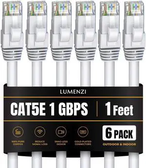 Lumenzi Cat 5e Ethernet Cable 1 FT in White 6 Pack  1 Gbps Speed Network  Short Round Rj45 Outdoor  Indoor  Direct Burial Bare Copper LAN Patch Cable for Router  Gaming  PS5 XBOX Printer Computer CCTV