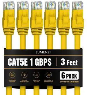 Lumenzi Cat 5e Ethernet Cable 3 FT in Yellow 6 Pack 1 Gbps Speed Network Short Round Rj45 Outdoor Indoor Direct Burial Bare Copper LAN Patch Cable for Router Gaming PS5 XBOX Printer Computer Lumenzi Cat 5e Ethernet Cable 3 FT in Yellow 6 Pack 1 Gbps Speed Network Short Round Rj45 Outdoor Indoor Direct Burial Bare Copper LAN Patch Cable for Router Gaming PS5 XBOX Printer Computer
