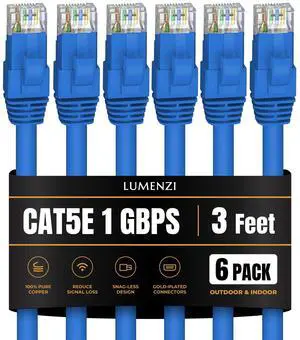Lumenzi Cat 5e Ethernet Cable 3 FT in Blue 6 Pack  1 Gbps Speed Network  Short Round Rj45 Outdoor  Indoor  Direct Burial Bare Copper LAN Patch Cable for Router  Gaming  PS5 XBOX Printer Computer CCTV