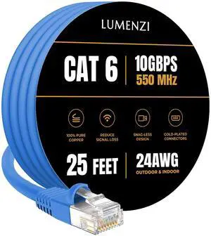 Lumenzi Cat 6 Ethernet Cable 25 FT in Blue  10 Gbps Speed Network  Long Round Rj45 Outdoor  Indoor  Direct Burial Bare Copper LAN Patch Cable for Router  Gaming  PS5 XBOX Printer Computer CCTV