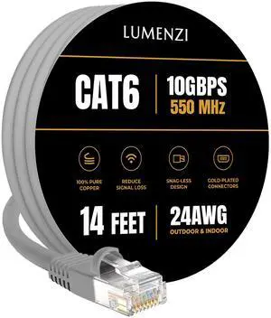 Lumenzi Cat 6 Ethernet Cable 14 FT in Grey  10 Gbps Speed Network  Long Round Rj45 Outdoor  Indoor  Direct Burial Bare Copper LAN Patch Cable for Router  Gaming  PS5 XBOX Printer Computer CCTV  Switch