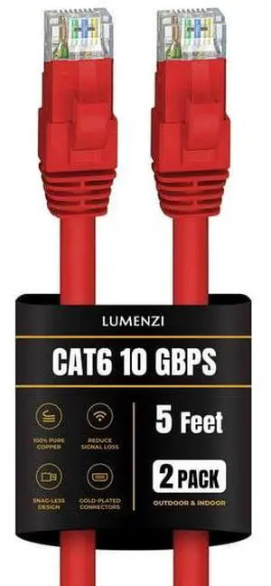Lumenzi Cat 6 Ethernet Cable 5 FT in Red 2 Pack  10 Gbps Speed Network  Round Rj45 Outdoor  Indoor  Direct Burial Bare Copper LAN Patch Cable for Router  Gaming  PS5 XBOX Printer Computer CCTV  Switch