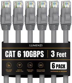 Lumenzi Cat 6 Ethernet Cable 3 FT in Grey 6 Pack  10 Gbps Speed Network  Short Round Rj45 Outdoor  Indoor  Direct Burial Bare Copper LAN Patch Cable for Router  Gaming  PS5 XBOX Printer Computer CCTV