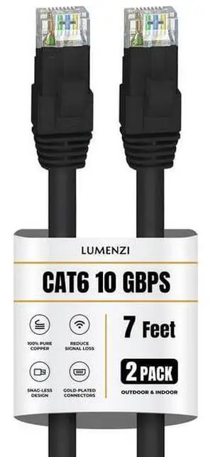 Cat 6 Ethernet Cable 7 FT in Black 2 Pack  10 Gbps Speed Network  Round Rj45 Outdoor  Indoor  Direct Burial Bare Copper LAN Patch Cable for Router  Gaming  PS5 XBOX Printer Computer CCTV  Switch