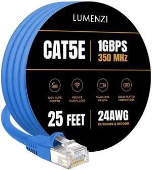 Lumenzi Cat 5e Ethernet Cable 25 FT in Blue 1 Gbps Speed Network  Long Round Rj45 Outdoor Indoor Direct Burial Bare Copper LAN Patch Cable for Router Gaming PS5 XBOX Printer Computer CCTV