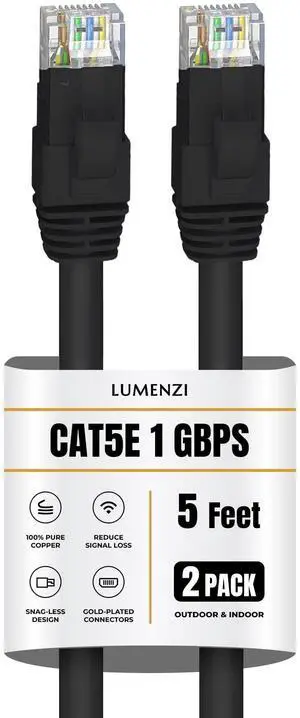 Lumenzi Cat 5e Ethernet Cable 5 FT in Black 2 Pack  1 Gbps Speed Network  Round Rj45 Outdoor  Indoor  Direct Burial Bare Copper LAN Patch Cable for Router  Gaming  PS5 XBOX Printer Computer CCTV