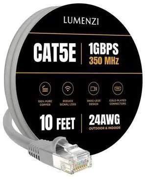 Lumenzi Cat 5e Ethernet Cable 10 FT in Grey  1 Gbps Speed Network  Long Round Rj45 Outdoor  Indoor  Direct Burial Bare Copper LAN Patch Cable for Router  Gaming  PS5 XBOX Printer Computer CCTV