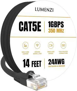 Lumenzi Cat 5e Ethernet Cable 14 FT in Black  1 Gbps Speed Network  Long Round Rj45 Outdoor  Indoor  Direct Burial Bare Copper LAN Patch Cable for Router  Gaming  PS5 XBOX Printer Computer CCTV