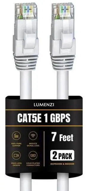 Cat 5e Ethernet Cable 7 FT in White 2 Pack  1 Gbps Speed Network  Round Rj45 Outdoor  Indoor  Direct Burial Bare Copper LAN Patch Cable for Router  Gaming  PS5 XBOX Printer Computer CCTV  Switch