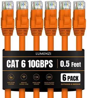 Lumenzi Cat 6 Ethernet Cable 0.5 FT in Orange 6 Pack 10 Gbps Speed Network  Short Round Rj45 Outdoor  Indoor Direct Burial Bare Copper LAN Patch Cable for Router Gaming  PS5 XBOX Printer Computer CCTV