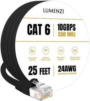 Cat 6 Ethernet Cable 25 FT in Black  10 Gbps Speed Network  Long Round Rj45 Outdoor  Indoor  Direct Burial Bare Copper LAN Patch Cable for Router  Gaming  PS5 XBOX Printer Computer CCTV  Switch