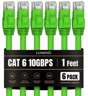 Lumenzi Cat 6 Ethernet Cable 1 FT in Green 6 Pack 10 Gbps Speed Network Short Round Rj45 Outdoor Indoor Direct Burial Bare Copper LAN Patch Cable for Router Gaming PS5 XBOX Printer Computer CCTV