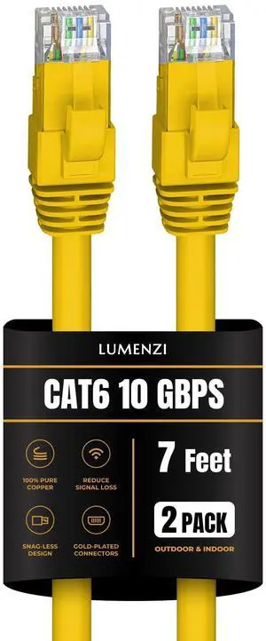 Cat 6 Ethernet Cable 7 FT in Yellow 2 Pack  10 Gbps Speed Network  Round Rj45 Outdoor  Indoor  Direct Burial Bare Copper LAN Patch Cable for Router  Gaming  PS5 XBOX Printer Computer CCTV  Switch