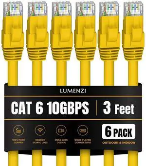 Lumenzi Cat 6 Ethernet Cable 3 FT in Yellow 6 Pack 10 Gbps Speed Network Short Round Rj45 Outdoor Indoor Direct Burial Bare Copper LAN Patch Cable for Router Gaming PS5 XBOX Printer Computer CCTV