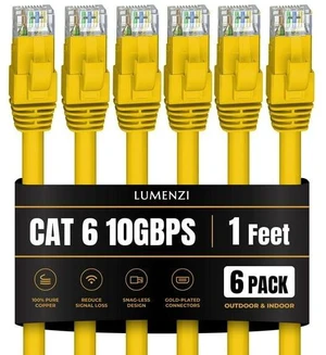 Lumenzi Cat 6 Ethernet Cable 1 FT in Yellow 6 Pack 10 Gbps Speed Network Short Round Rj45 Outdoor Indoor Direct Burial Bare Copper LAN Patch Cable for Router Gaming PS5 XBOX Printer Computer CCTV Lumenzi Cat 6 Ethernet Cable 1 FT in Yellow 6 Pack 10 Gbps Speed Network Short Round Rj45 Outdoor Indoor Direct Burial Bare Copper LAN Patch Cable for Router Gaming PS5 XBOX Printer Computer CCTV