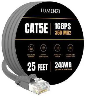 Lumenzi Cat 5e Ethernet Cable 25 FT in Grey 1 Gbps Speed Network Long Round Rj45 Outdoor Indoor Direct Burial Bare Copper LAN Patch Cable for Router Gaming PS5 XBOX Printer Computer CCTV Switch