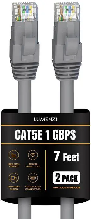 Cat 5e Ethernet Cable 7 FT in Grey 2 Pack  1 Gbps Speed Network  Round Rj45 Outdoor  Indoor  Direct Burial Bare Copper LAN Patch Cable for Router  Gaming  PS5 XBOX Printer Computer CCTV  Switch
