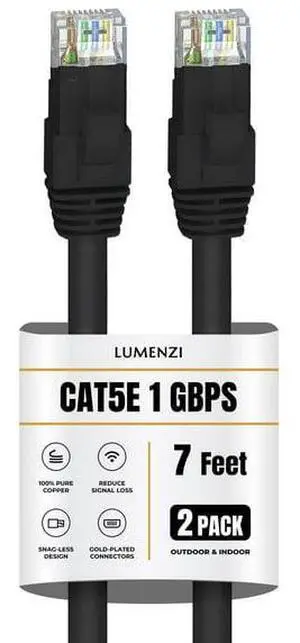 Lumenzi Cat 5e Ethernet Cable 7 FT in Black 2 Pack 1 Gbps Speed Network Round Rj45 Outdoor Indoor Direct Burial Bare Copper LAN Patch Cable for Router Gaming PS5 XBOX Printer Computer CCTV Switch Lumenzi Cat 5e Ethernet Cable 7 FT in Black 2 Pack 1 Gbps Speed Network Round Rj45 Outdoor Indoor Direct Burial Bare Copper LAN Patch Cable for Router Gaming PS5 XBOX Printer Computer CCTV Switch