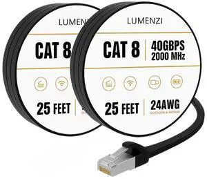 Cat8 Flat Ethernet Cable 25ft, 2 Pc Pack, 40Gbps 2000MHz Network Patch Cord, S/FTP Shielded LAN Cable with RJ45 Connectors, for Gaming, Router, Modem, Laptop Cat8 Flat Ethernet Cable 25ft, 2 Pc Pack, 40Gbps 2000MHz Network Patch Cord, S/FTP Shielded LAN Cable with RJ45 Connectors, for Gaming, Router, Modem, Laptop