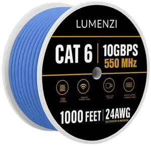 Lumenzi Cat 6 Ethernet Cable 1000 FT in Black 10 Gbps Speed Network Long Round RJ45 Outdoor Indoor Direct Burial Bare Copper LAN Patch Cable for Router Gaming PS5 XBOX Printer Computer CCTV Switch