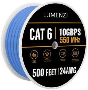 Lumenzi Cat 6 Ethernet Cable 500 FT in Black 10 Gbps Speed Network Long Round RJ45 Outdoor Indoor Direct Burial Bare Copper LAN Patch Cable for Router Gaming PS5 XBOX Printer Computer CCTV Switch
