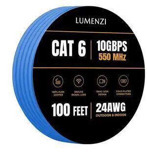 Lumenzi Cat 6 Ethernet Cable 100 FT in Blue 10 Gbps Speed Network Long Round RJ45 Outdoor Indoor Direct Burial Bare Copper LAN Patch Cable for Router Gaming PS5 XBOX Printer Computer CCTV Switch