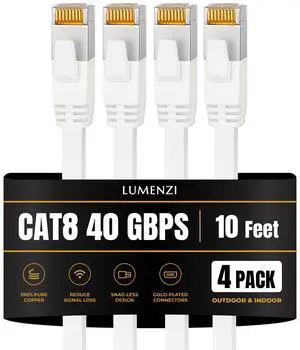 Lumenzi Cat8 Flat Ethernet Cable 10ft, 4 Pc Pack, 40Gbps 2000MHz Network Patch Cord, S/FTP Shielded LAN Cable with RJ45 Connectors, for Gaming, Router, Modem, Laptop Lumenzi Cat8 Flat Ethernet Cable 10ft, 4 Pc Pack, 40Gbps 2000MHz Network Patch Cord, S/FTP Shielded LAN Cable with RJ45 Connectors, for Gaming, Router, Modem, Laptop