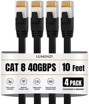 Lumenzi Cat8 Flat Ethernet Cable 10ft, 4 Pc Pack, 40Gbps 2000MHz Network Patch Cord, S/FTP Shielded LAN Cable with RJ45 Connectors, for Gaming, Router, Modem, Laptop Lumenzi Cat8 Flat Ethernet Cable 10ft, 4 Pc Pack, 40Gbps 2000MHz Network Patch Cord, S/FTP Shielded LAN Cable with RJ45 Connectors, for Gaming, Router, Modem, Laptop