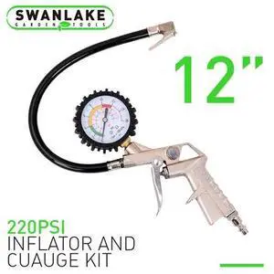 Dial Tire Inflator Gauge Flexible Hose 220 PSI Pistol Style Air Chuck Pneumatic Dial Tire Inflator Gauge Flexible Hose 220 PSI Pistol Style Air Chuck Pneumatic