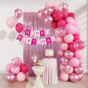 Pink Happy Birthday Decorations with Banner Balloons Foil Curtain Backdrop | Pink Light Hot Metallic Pink Confetti Balloons with Happy Birthday Banner, Foil Curtain, Birthday Decorations Pink Happy Birthday Decorations with Banner Balloons Foil Curtain Backdrop | Pink Light Hot Metallic Pink Confetti Balloons with Happy Birthday Banner, Foil Curtain, Birthday Decorations