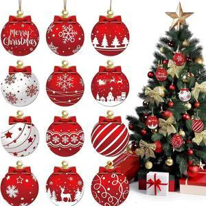 Christmas Tree Decorations Set, 12Pcs Wood Red & White Xmas Ball Hanging Ornaments with Merry Christmas, Bow, Snowflake, Elk and Star Design Winter Ornaments for Home Holiday Party Decor Christmas Tree Decorations Set, 12Pcs Wood Red & White Xmas Ball Hanging Ornaments with Merry Christmas, Bow, Snowflake, Elk and Star Design Winter Ornaments for Home Holiday Party Decor