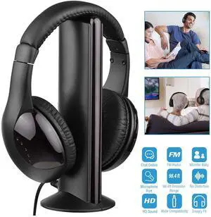 5 in 1 Wireless Cordless Headphones Headset with Mic for PC/TV/Radio Black M6V8