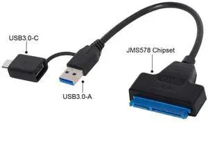 SATA to USB Cable 2 in 1 USB 3.0/USB C to 2.5" SATA Hard Drive External Converter Adapter for SSD/HDD Data Transfer Support UASP