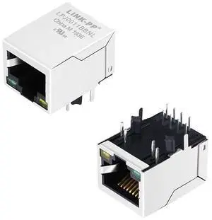 LINK-PP JKM-0009NL RJ45 Connector, 8P8C 10/100Base-T 90 Degree Right Angle, Shielded, Tab Down, with Green/Yellow LED, Through Hole, Gold Plated (Tape & Reel) LINK-PP JKM-0009NL RJ45 Connector, 8P8C 10/100Base-T 90 Degree Right Angle, Shielded, Tab Down, with Green/Yellow LED, Through Hole, Gold Plated (Tape & Reel)