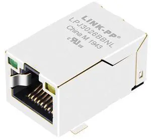 LINK-PP J3026G01D 10G Ethernet RJ45 Magjack Connector, Integrated Magnetics, 10/100/1000/10GBase-T Shielded, 1500Vrms Hi-pot, Toroidal Coil, Tab Up/Down, Through Hole (Tape & Reel)
