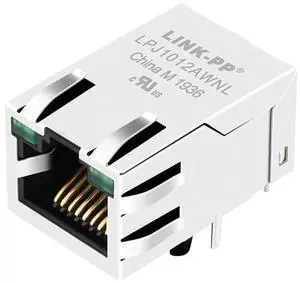 LINK-PP 47F-1206-YGD2NL RJ45 Magjack Connector, 8P8C 10/100Base-T with Integrated Magnetics, Shielded with EMI Tabs, Tab Up Orientation, with LED Indicator, Through Hole Mount (Tape & Reel)