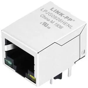 LINK-PP LPJG0926HENL RJ45 Ethernet Connector, 1x1 Port, 100/1000 Base-T PoE+, Through-Hole, EMI Shielded, Gold-Plated, Tab Down