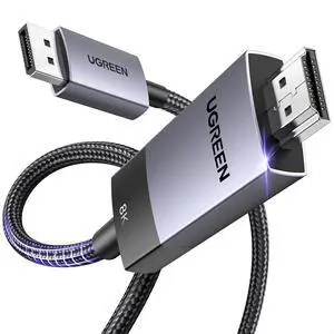 UGREEN Unidirectional DisplayPort to HDMI Cable 8K@60Hz 4K@120Hz Active DP 1.4 to HDMI 2.1 Cord HDR, Dolby, HDCP2.3, DSC1.2a, 32.4Gbps Braided  Compatible with Monitor, Dell, HP, HDTV, AMD NVIDIA 1.5M