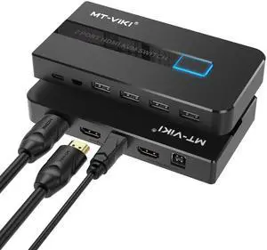 MT-VIKI KVM Switch HDMI 2 Port Boxes, 4K@30Hz USB HDMI KVM Console for 2 PCs Share 1 HD Monitor and Keyboard Mouse with 2 USB Cables + Desktop Selector