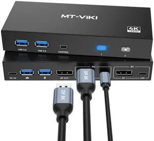 MT-VIKI 8K Displayport KVM Switch 2 in 1 Out DP1.4 with 4 USB 3.0 Ports, Support 8K@60Hz 4K@144Hz Share 1 Monitor Keyboard Mouse U-Disk Printer, with 2 USB A to C Cables