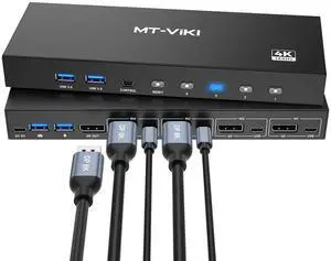 MT-VIKI 8K Displayport KVM Switch 4 in 1 Out DP1.4 with 4 USB 3.0 Ports, Support 8K@60Hz 4K@144Hz Share 1 Monitor Keyboard Mouse U-Disk Printer, with 4 USB A to C Cables