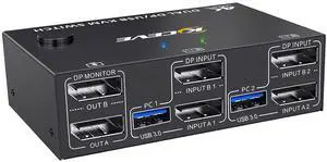 KVM Switch 2 Monitors 2 Computers 4K@144Hz, Displayport KVM Switch Dual Monitor for 2 Computer Share 2 Monitor and 4 USB 3.0 Devices, with Wired Remote