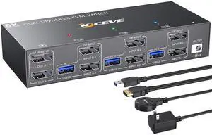 KVM Switch 2 Monitors 3 Computers 4K@144Hz, Displayport KVM Switch Dual Monitor for 3 Computer Share 2 Monitor and 4 USB 3.0 Devices, with Wired Remote, Power Adapter