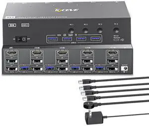 KVM Switch 3 Monitors 4 Computers HDMI + DisplayPort, KCEVE USB 3.0 DP KVM Switcher, 8K@30Hz/4k@144Hz DP KVM for 4 PC Share 3 Display and 4 USB 3.0 Devices